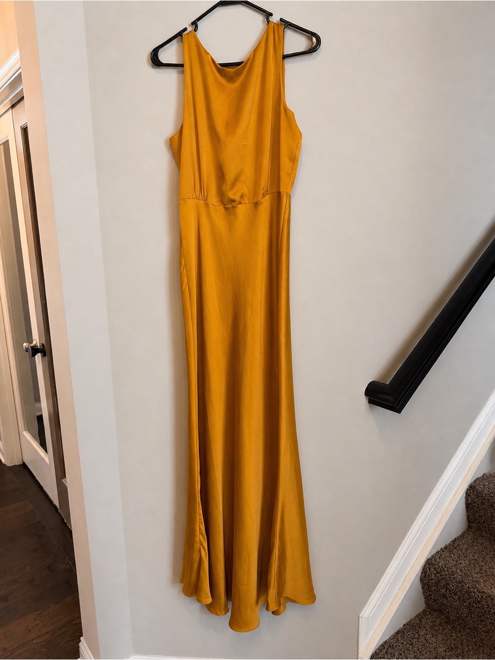 Taylor Mustard Yellow Satin Drape Neck Maxi Gown - Size 8